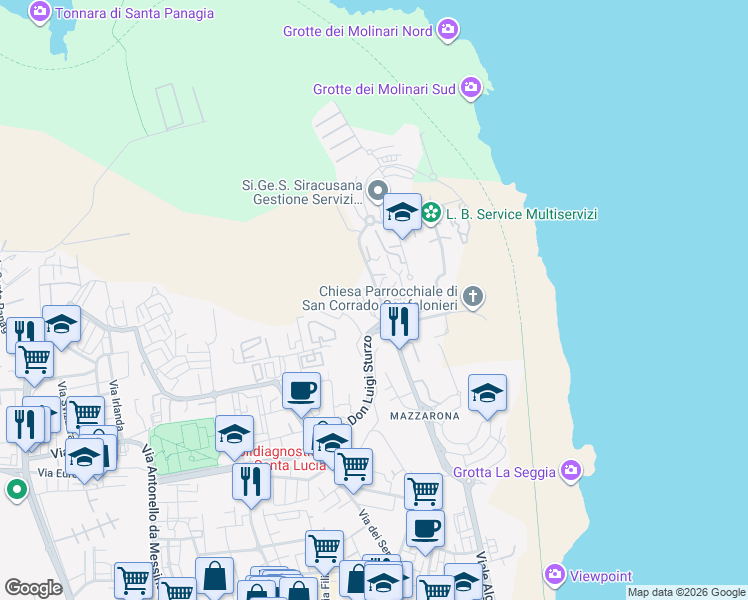 map of restaurants, bars, coffee shops, grocery stores, and more near 12 Via Luigi Cassia in Siracusa