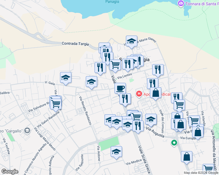 map of restaurants, bars, coffee shops, grocery stores, and more near Via Avola in Syracuse