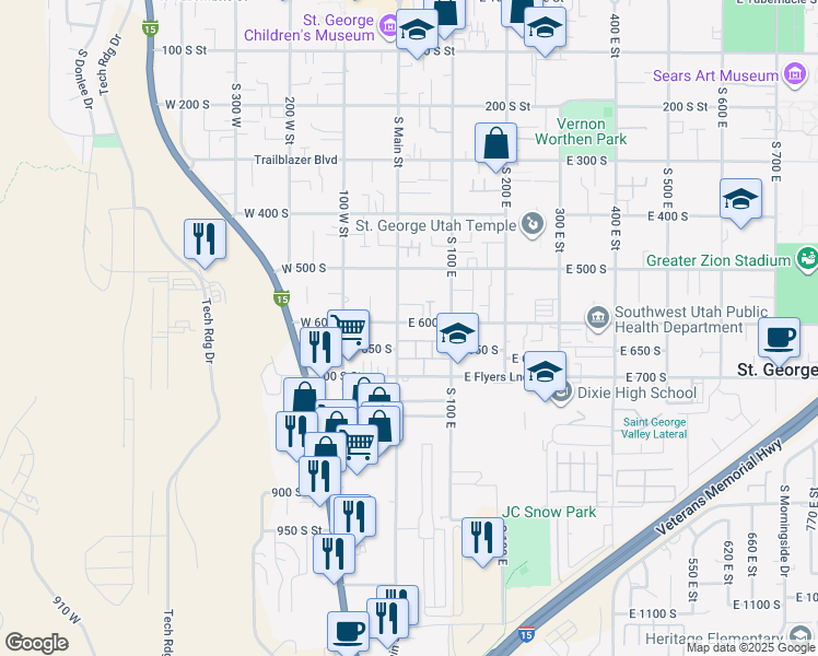 map of restaurants, bars, coffee shops, grocery stores, and more near 35 East 600 South in St. George