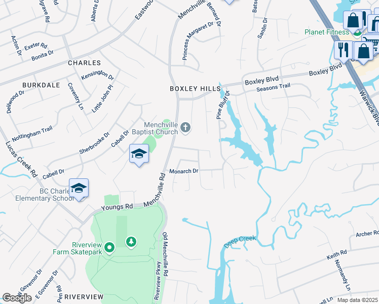 map of restaurants, bars, coffee shops, grocery stores, and more near 116 Terri Beth Place in Newport News