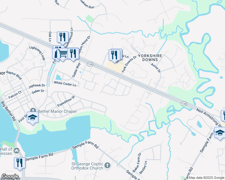 map of restaurants, bars, coffee shops, grocery stores, and more near 300 Windsong Lane in Yorktown