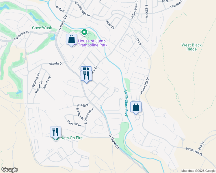 map of restaurants, bars, coffee shops, grocery stores, and more near 545 South Valley View Drive in St. George