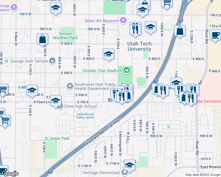 map of restaurants, bars, coffee shops, grocery stores, and more near 652 600 South in St. George