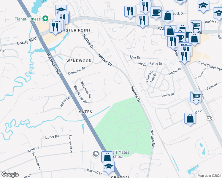 map of restaurants, bars, coffee shops, grocery stores, and more near 438 Woodbrook Run in Newport News