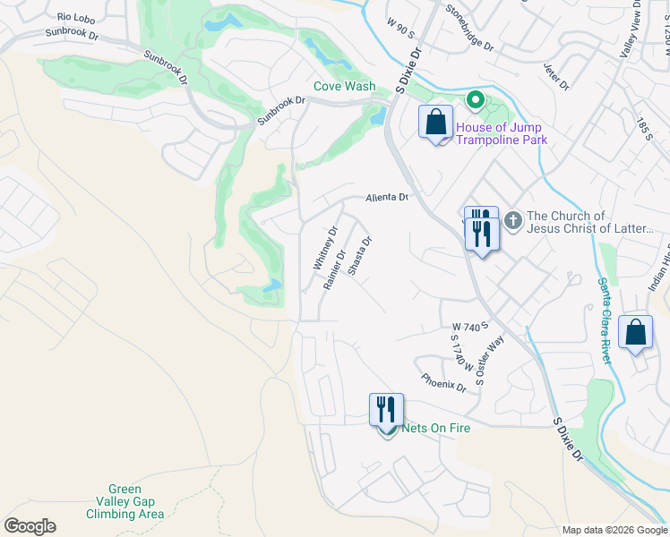map of restaurants, bars, coffee shops, grocery stores, and more near 601 Rainier Drive in St. George