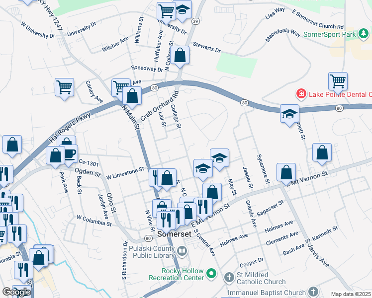 map of restaurants, bars, coffee shops, grocery stores, and more near 405 College Street in Somerset