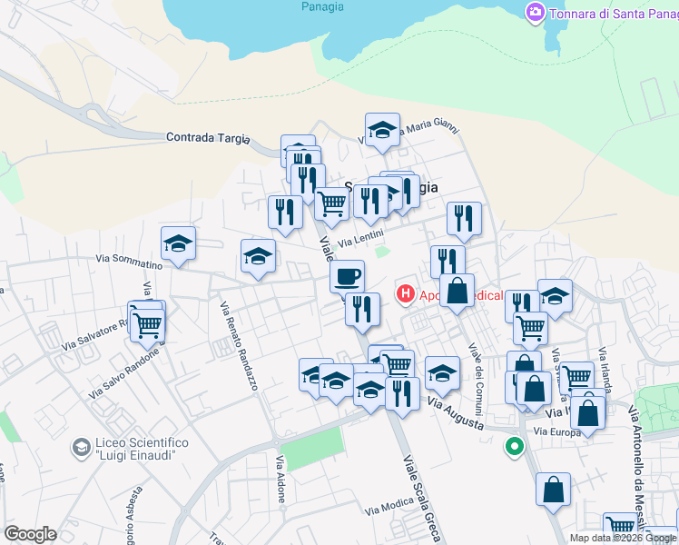 map of restaurants, bars, coffee shops, grocery stores, and more near 324 Viale Scala Greca in Siracusa
