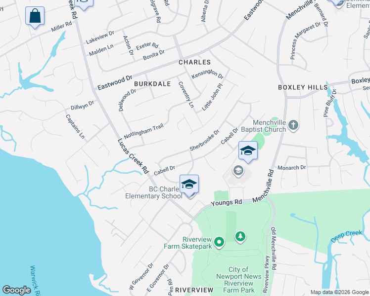 map of restaurants, bars, coffee shops, grocery stores, and more near 227 Sherbrooke Drive in Newport News
