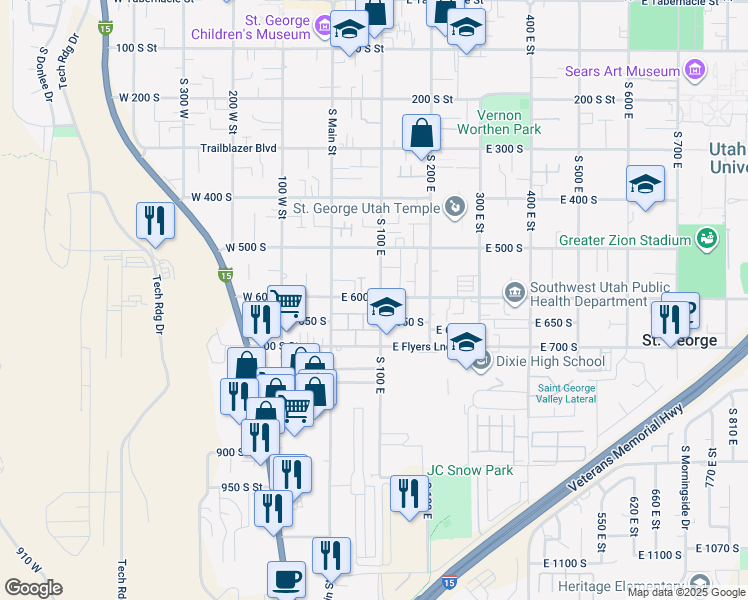 map of restaurants, bars, coffee shops, grocery stores, and more near 53 600 South in St. George