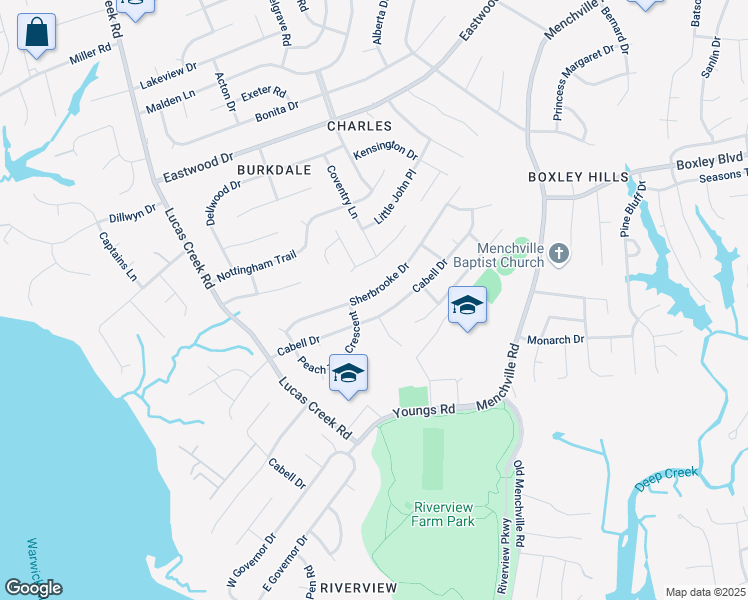 map of restaurants, bars, coffee shops, grocery stores, and more near 232 Sherbrooke Drive in Newport News
