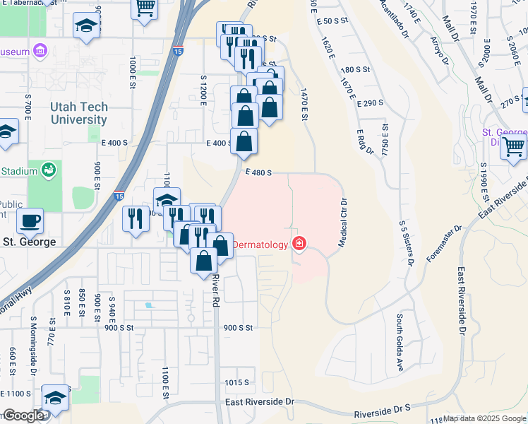 map of restaurants, bars, coffee shops, grocery stores, and more near 1380 South Medical Center Drive in St. George