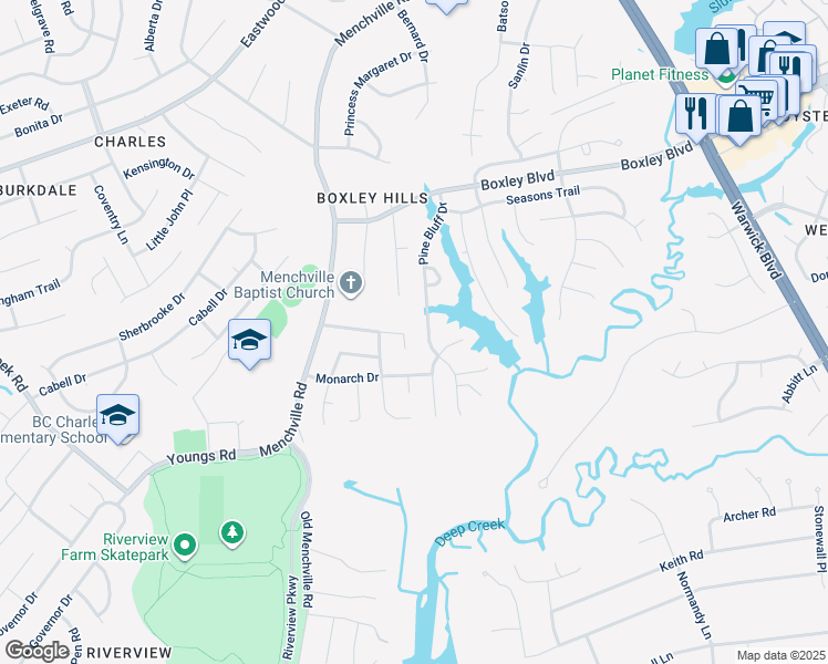 map of restaurants, bars, coffee shops, grocery stores, and more near 131 Terri Beth Place in Newport News