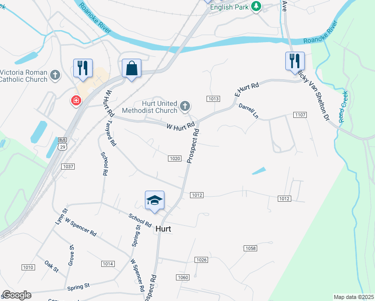 map of restaurants, bars, coffee shops, grocery stores, and more near 113 Prospect Rd in Hurt