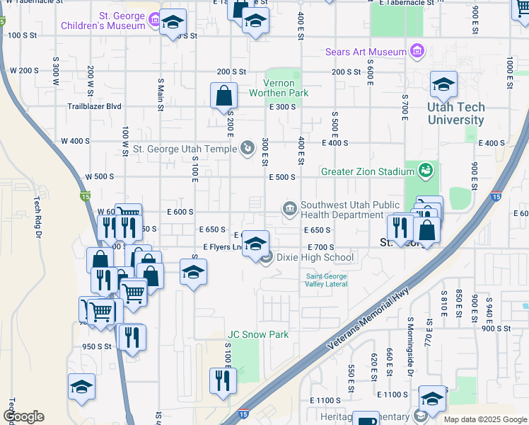 map of restaurants, bars, coffee shops, grocery stores, and more near 301 East 600 South in St. George