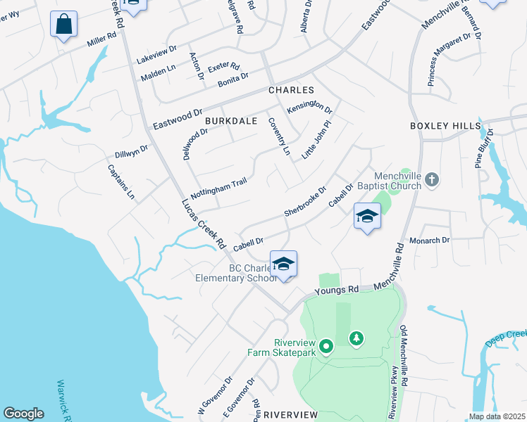 map of restaurants, bars, coffee shops, grocery stores, and more near 215 Sherbrooke Drive in Newport News