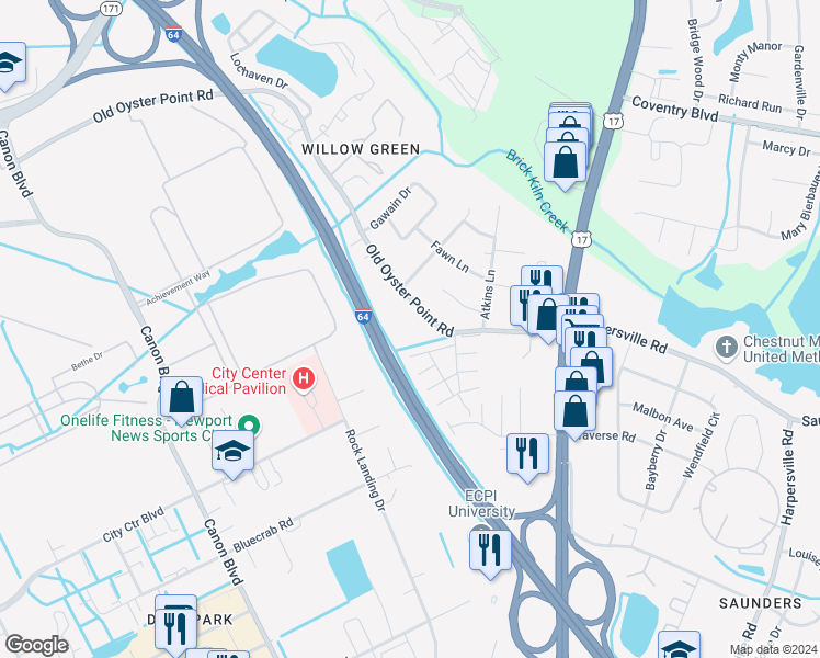 map of restaurants, bars, coffee shops, grocery stores, and more near 14 Guenevere Court in Newport News