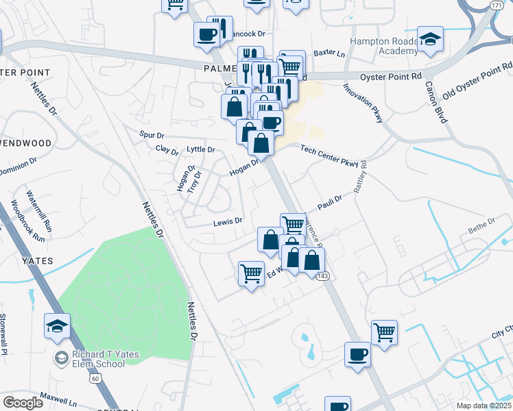 map of restaurants, bars, coffee shops, grocery stores, and more near 12023 Jefferson Avenue in Newport News