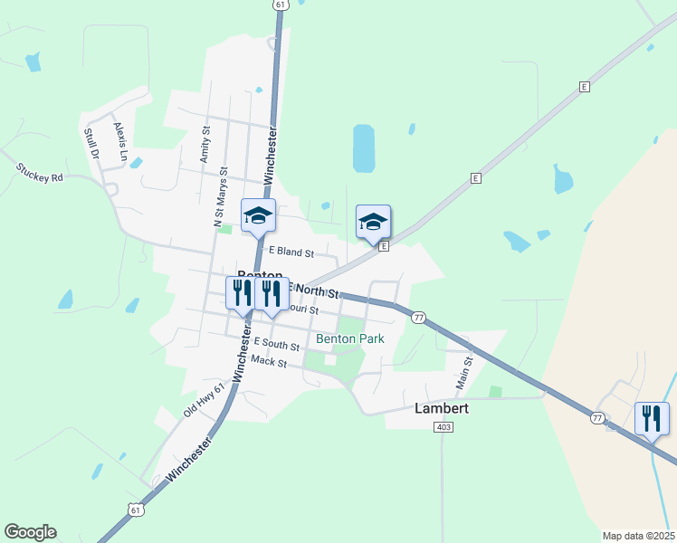 map of restaurants, bars, coffee shops, grocery stores, and more near State Route E in Benton