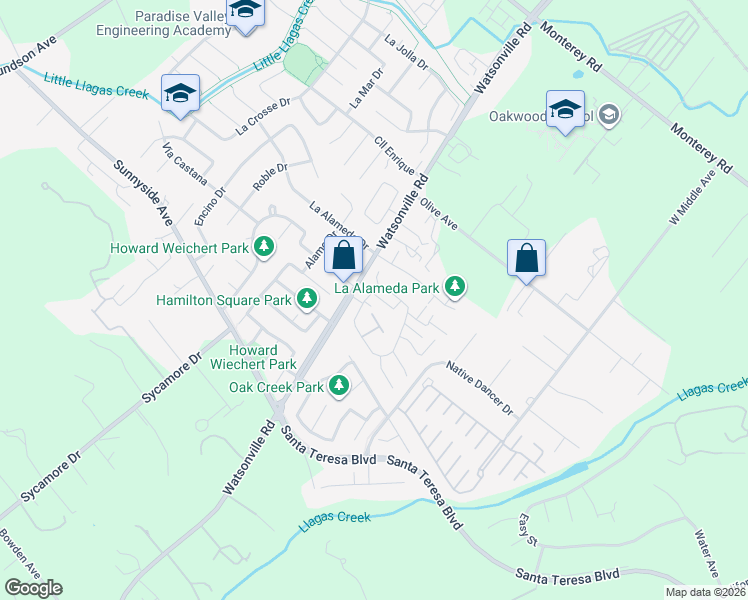 map of restaurants, bars, coffee shops, grocery stores, and more near 15183 Yosemite Way in Morgan Hill