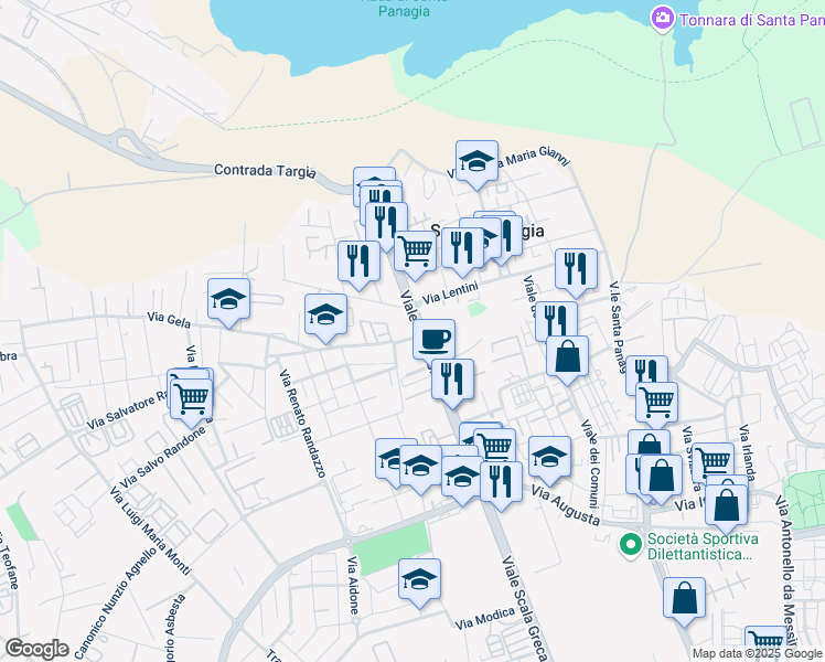 map of restaurants, bars, coffee shops, grocery stores, and more near Via Avola in Syracuse