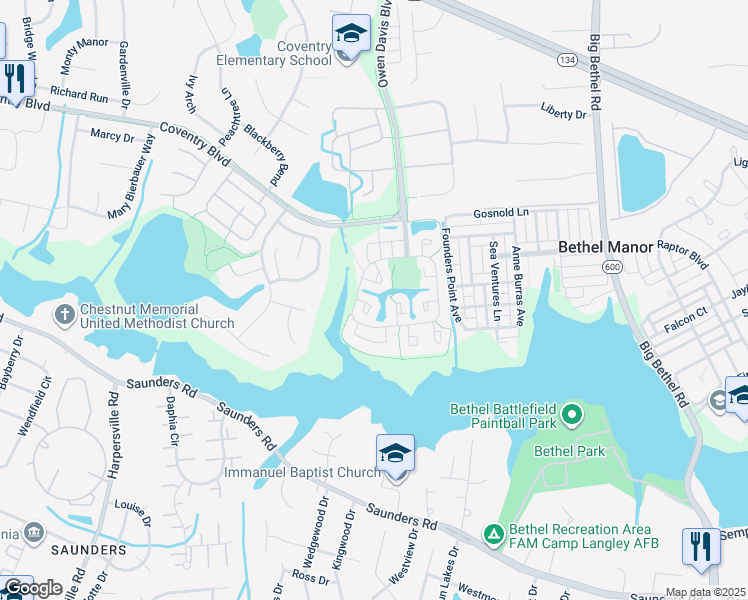 map of restaurants, bars, coffee shops, grocery stores, and more near 205 Chadwick Court in Yorktown