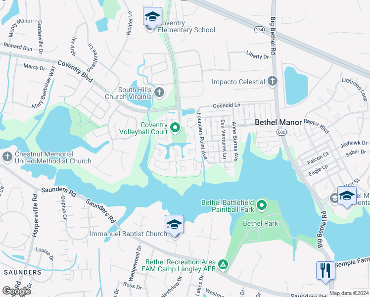map of restaurants, bars, coffee shops, grocery stores, and more near 200 Durham Court in Yorktown