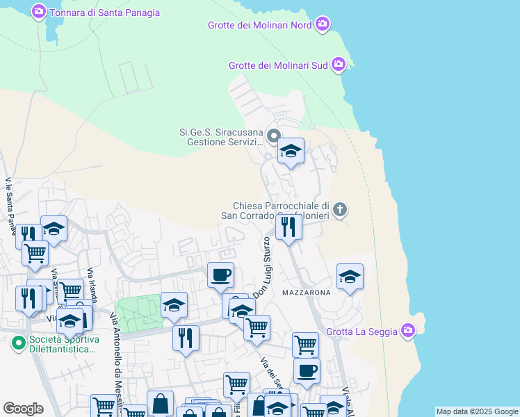 map of restaurants, bars, coffee shops, grocery stores, and more near 1/c Largo Luciano Russo in Siracusa