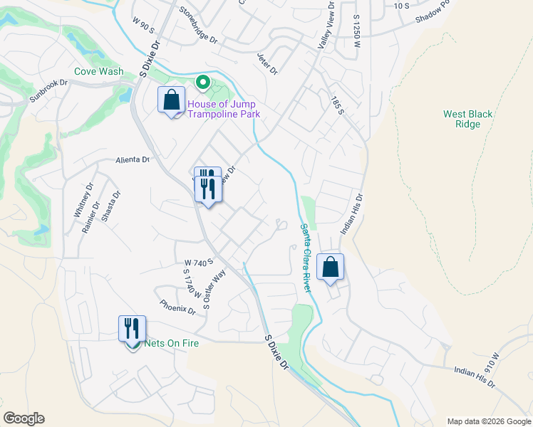 map of restaurants, bars, coffee shops, grocery stores, and more near 545 South Valley View Drive in St. George