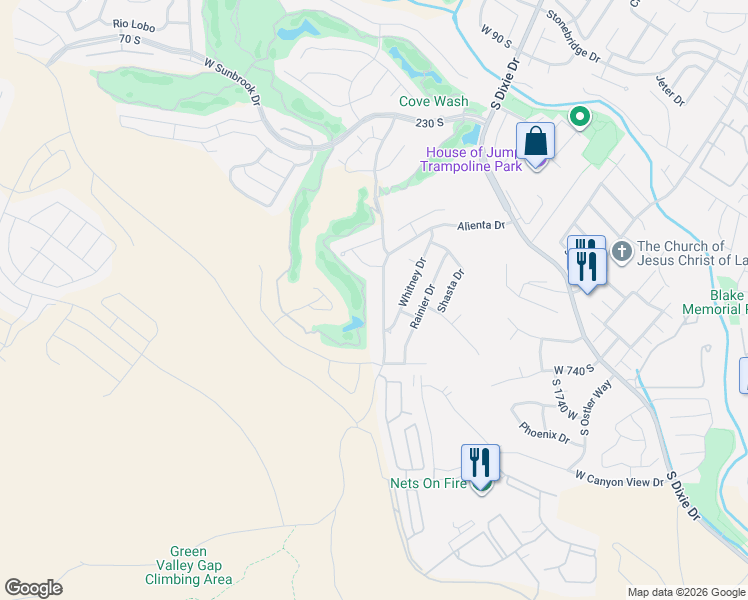 map of restaurants, bars, coffee shops, grocery stores, and more near South Alienta Drive in St. George