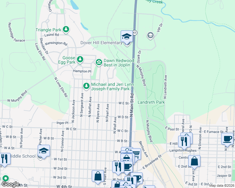 map of restaurants, bars, coffee shops, grocery stores, and more near 627 North Wall Avenue in Joplin