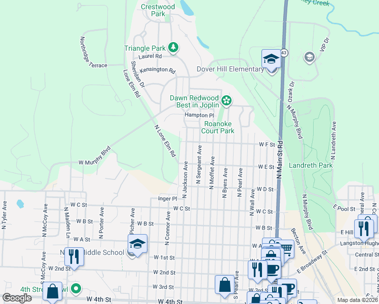 map of restaurants, bars, coffee shops, grocery stores, and more near 622 N Jackson Ave in Joplin