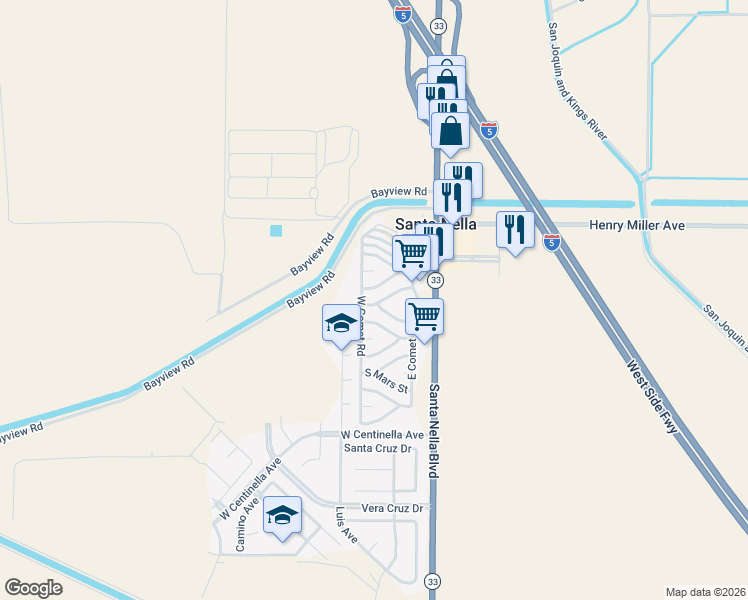 map of restaurants, bars, coffee shops, grocery stores, and more near 229 North Sun Street in Santa Nella