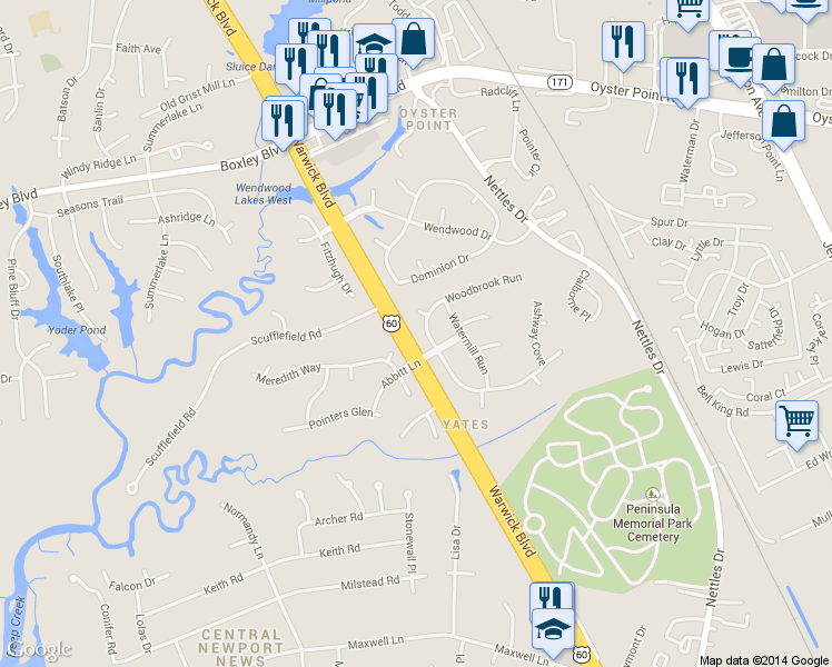 map of restaurants, bars, coffee shops, grocery stores, and more near 305 Woodbrook Run in Newport News