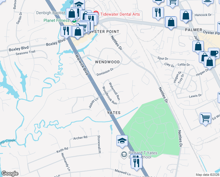 map of restaurants, bars, coffee shops, grocery stores, and more near 313 Watermill Run in Newport News