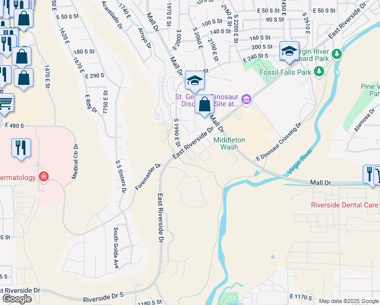 map of restaurants, bars, coffee shops, grocery stores, and more near 2012 East Riverside Drive in St. George