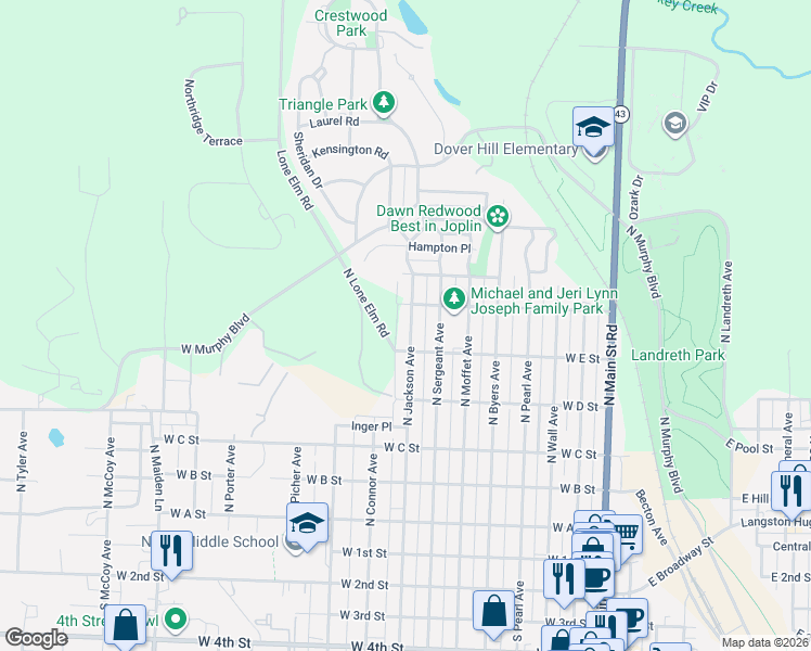 map of restaurants, bars, coffee shops, grocery stores, and more near 622 North Jackson Avenue in Joplin