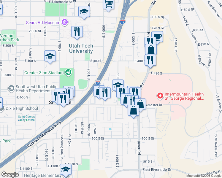 map of restaurants, bars, coffee shops, grocery stores, and more near 1085 East 600 South in St. George