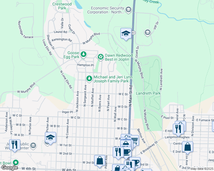 map of restaurants, bars, coffee shops, grocery stores, and more near 624 North Pearl Avenue in Joplin