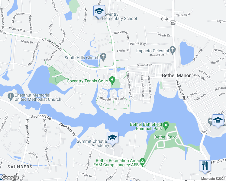 map of restaurants, bars, coffee shops, grocery stores, and more near 304 Linden Court in Yorktown