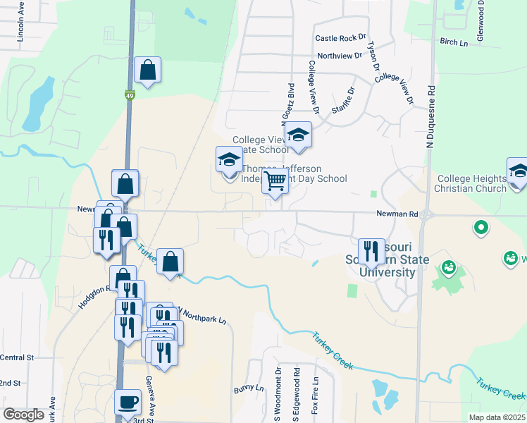 map of restaurants, bars, coffee shops, grocery stores, and more near 3520 Newman Road in Joplin