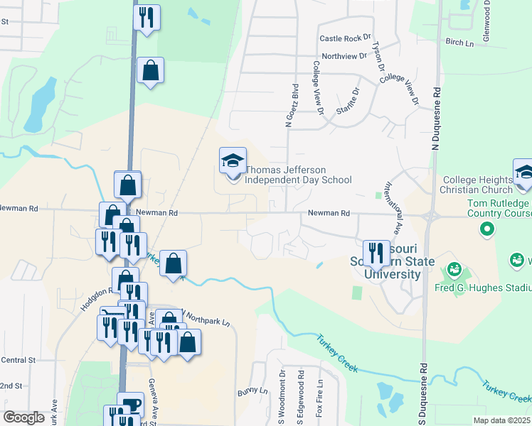 map of restaurants, bars, coffee shops, grocery stores, and more near 3520 Newman Road in Joplin