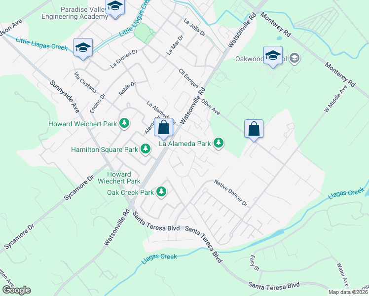 map of restaurants, bars, coffee shops, grocery stores, and more near 15144 Yosemite Way in Morgan Hill