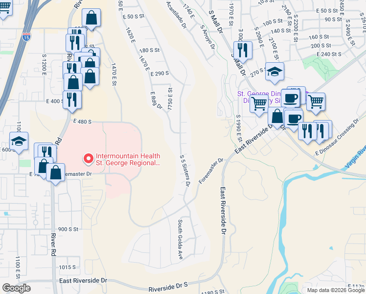 map of restaurants, bars, coffee shops, grocery stores, and more near 1804 East 580 South Circle in St. George