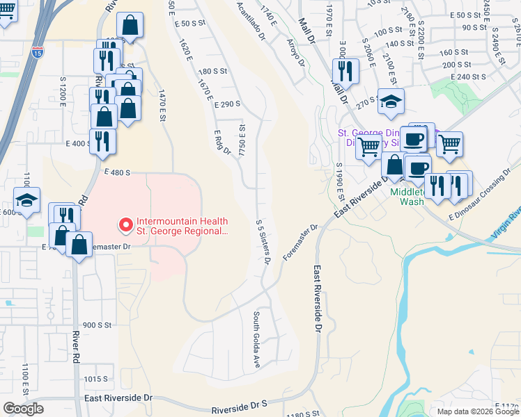 map of restaurants, bars, coffee shops, grocery stores, and more near 1804 East 580 South Circle in St. George