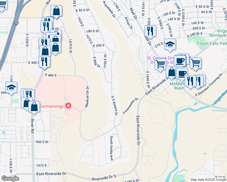 map of restaurants, bars, coffee shops, grocery stores, and more near 1804 East 580 South Circle in St. George
