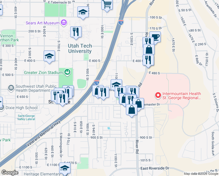 map of restaurants, bars, coffee shops, grocery stores, and more near 1063 East 600 South in St. George