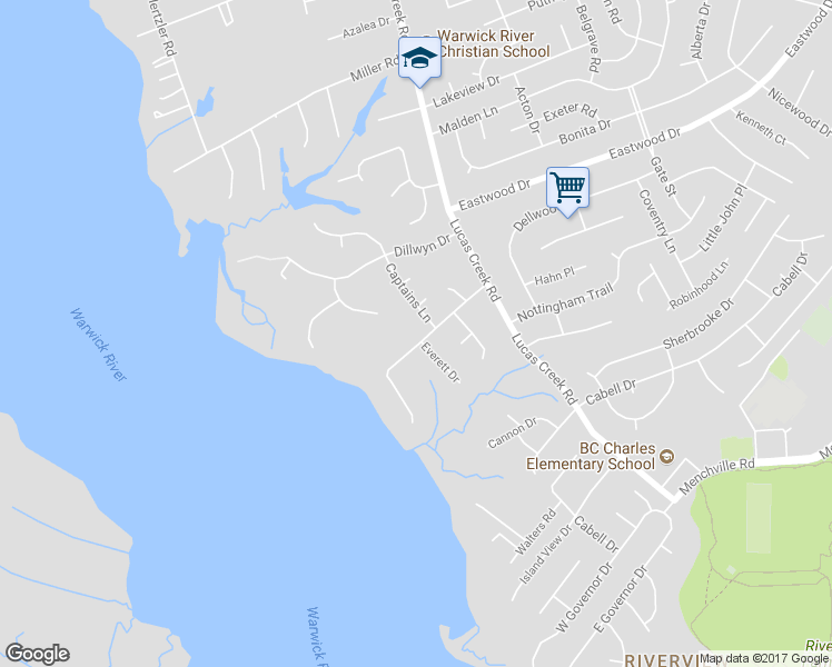 map of restaurants, bars, coffee shops, grocery stores, and more near 24 Holloway Road in Newport News
