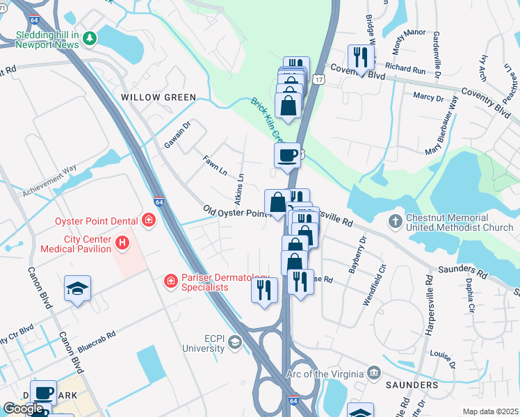 map of restaurants, bars, coffee shops, grocery stores, and more near 797 Old Oyster Point Road in Newport News