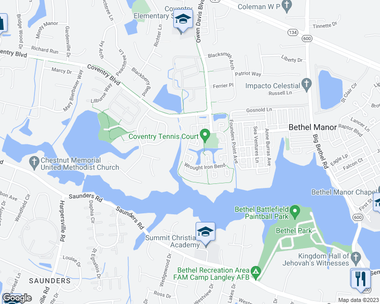 map of restaurants, bars, coffee shops, grocery stores, and more near 105 Chadwick Court in Yorktown