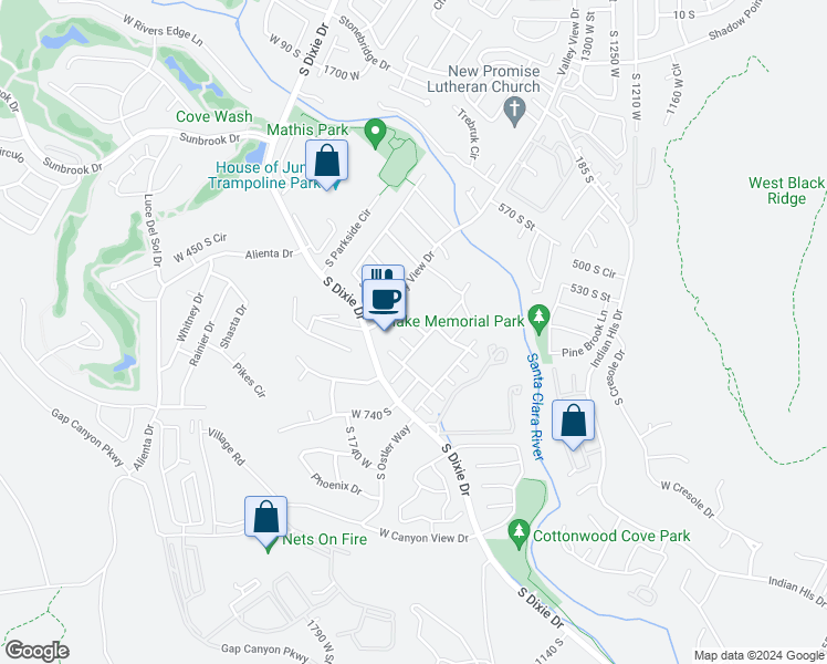 map of restaurants, bars, coffee shops, grocery stores, and more near 545 South Valley View Drive in Saint George